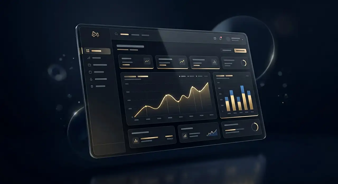 Dark analytics dashboard mockup showing a rising organic-traffic chart with gold accent bars
