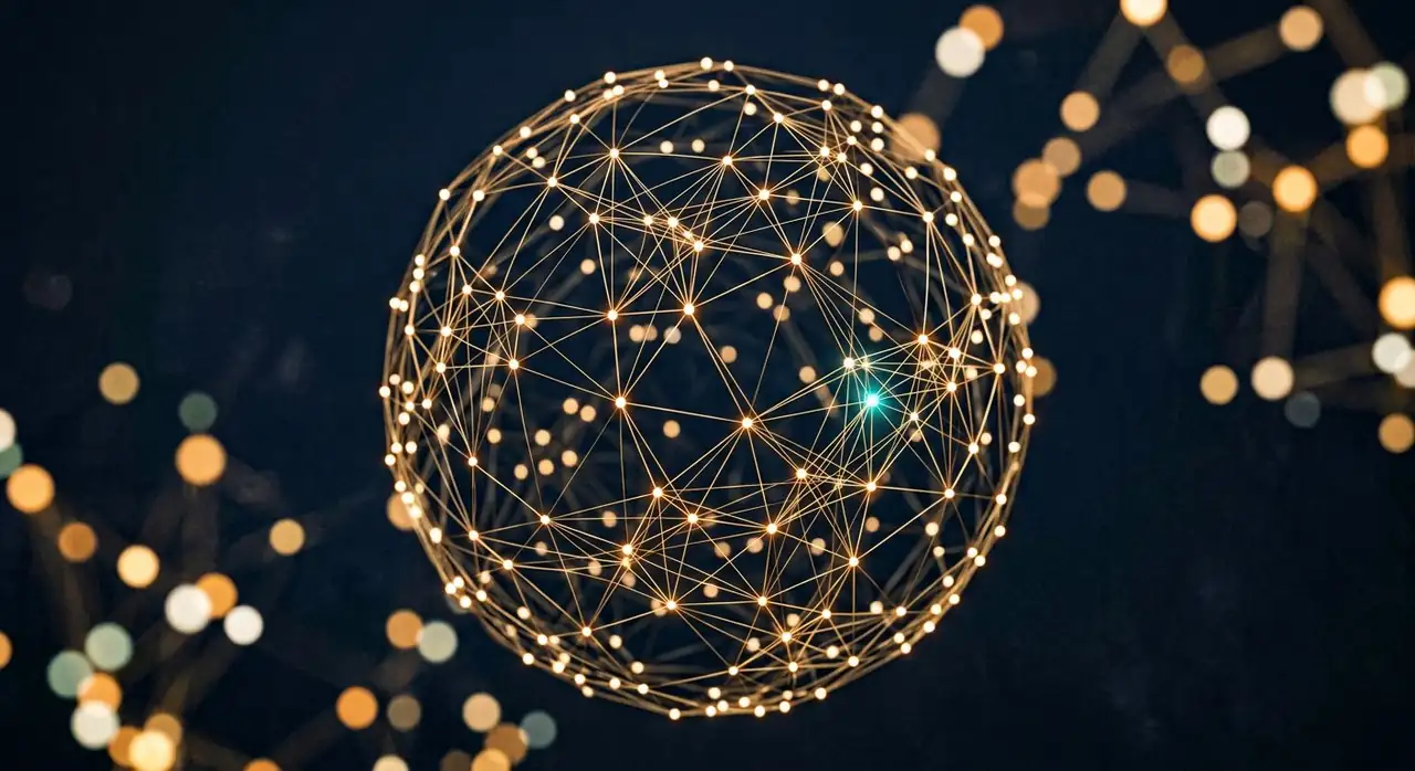 Dark navy network of glowing gold nodes connected by lines, illustrating a backlink graph