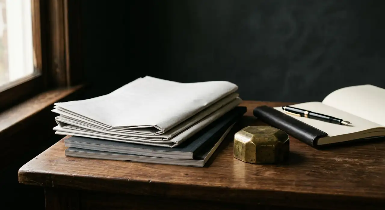 Warmly lit desk with folded newspapers, notebooks and a brass weight, evoking editorial publishing